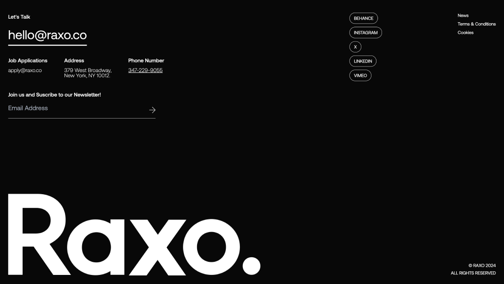 Footer, Contacts · Raxo